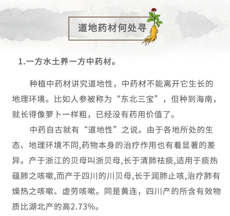 1.-方水土養(yǎng)-方中藥材。種植中藥材講究道地性，中藥材不能離開它生長(zhǎng)的地理環(huán)境。比如人參被稱為“東北三寶”,但種到海南，就長(zhǎng)得像夢(mèng)卜一樣粗，已經(jīng)沒有藥用價(jià)值了。中藥自古就有“道地性” 之說。由于各地所處的生態(tài)、地理環(huán)境不同,藥物本身的治療作用也有著顯著的差異。產(chǎn)于浙江的貝母叫浙貝母,長(zhǎng)于清肺祛痰,適用于痰熱蘊(yùn)肺之咳嗽,而產(chǎn)于四川的川貝母,長(zhǎng)于潤(rùn)肺止咳,治療肺有燥熱之咳嗽、虛勞咳嗽。同是黃連，四川產(chǎn)的所含有效物質(zhì)比湖北產(chǎn)的高2.73%。