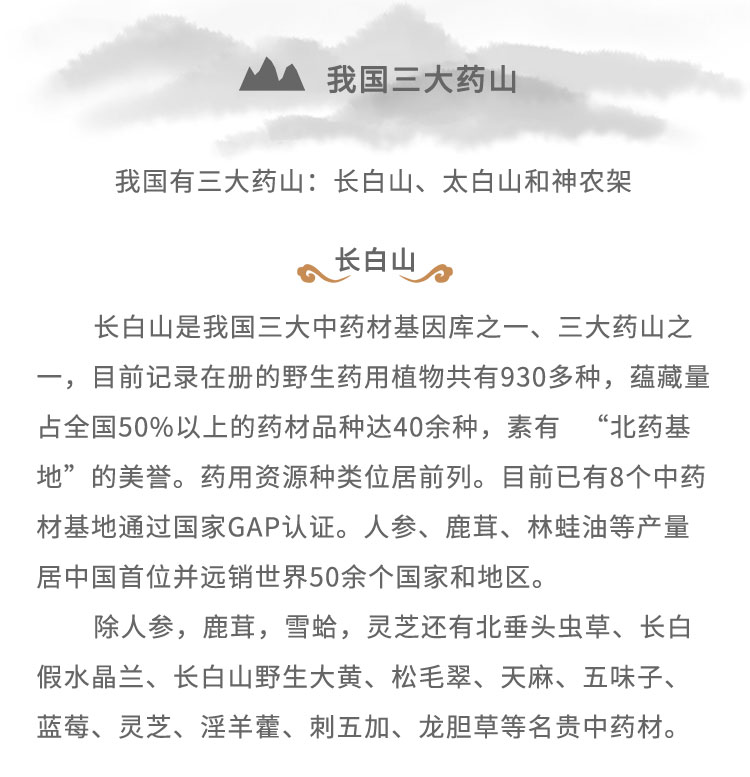 長(zhǎng)白山是我國(guó)三大中藥材基因庫(kù)之- -、三 大藥山之一，目前記錄在冊(cè)的野生藥用植物共有930多種，蘊(yùn)藏量占全國(guó)50%6以上的藥材品種達(dá)40余種，素有“北藥基地”的美譽(yù)。藥用資源種類位居前列。目前已有8個(gè)中藥材基地通過國(guó)家GAP認(rèn)證。人參、鹿茸、林蛙油等產(chǎn)量居中國(guó)首位并遠(yuǎn)銷世界50余個(gè)國(guó)家和地區(qū)。除人參，鹿茸，雪蛤，靈芝還有北重頭蟲草、長(zhǎng)白假水晶蘭、長(zhǎng)白山野生大黃、松毛翠、天麻、五味子、藍(lán)莓、靈芝、淫羊蕾、刺五加、龍膽草等名貴中藥材。