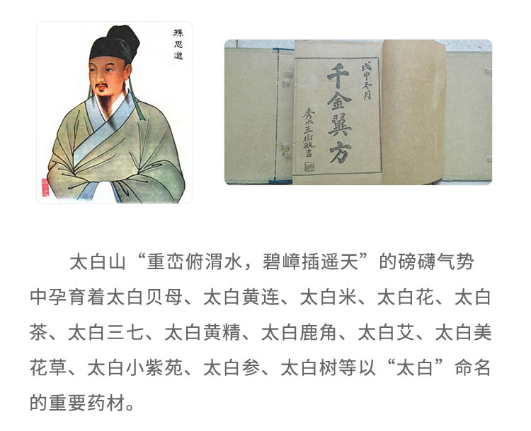 太白山“重巒俯渭水，碧嶂插遙天”的磅礴氣勢(shì)中孕育著太白貝母、太白黃連、太白米、太白花、太白茶、太白三七、太白黃精、太白鹿角、太白艾、太白美花草、太白小紫苑、太白參、太白樹等以“太白”命名的重要藥材。