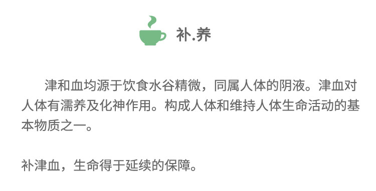 津和血均源于飲食水谷精微，同屬人體的陰液。津血對人體有滿養(yǎng)及化神作用。構(gòu)成人體和維持人體生命活動的基本物質(zhì)之一。補(bǔ)津血，生命得于延續(xù)的保障。